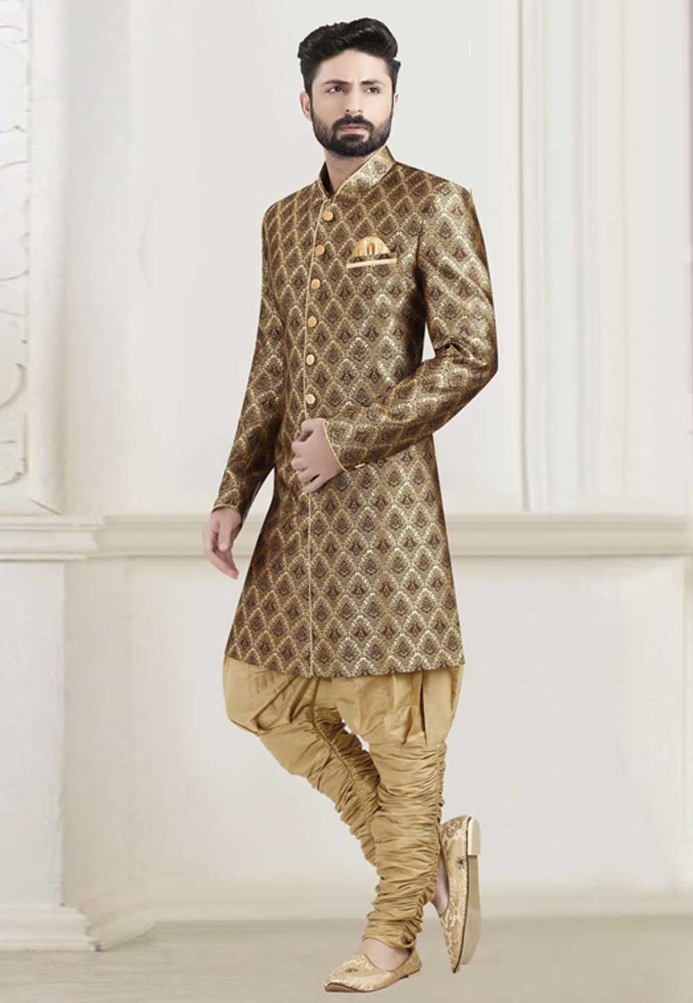 Brown Jacquard Readymade Indo Western Suit 182790