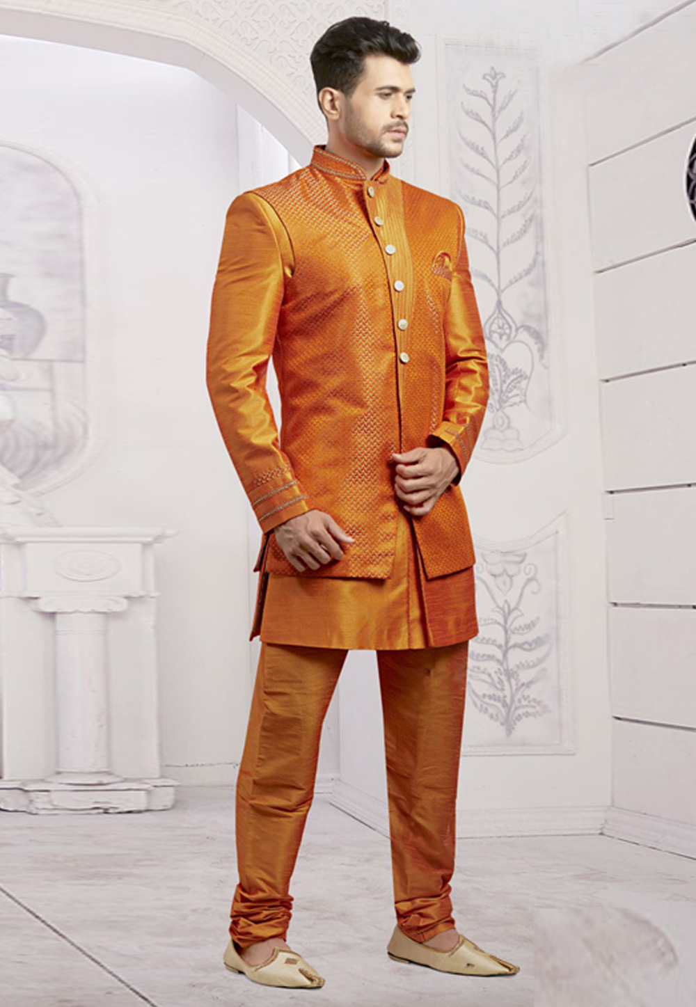 Orange Jacquard Readymade Indo Western Suit 182793