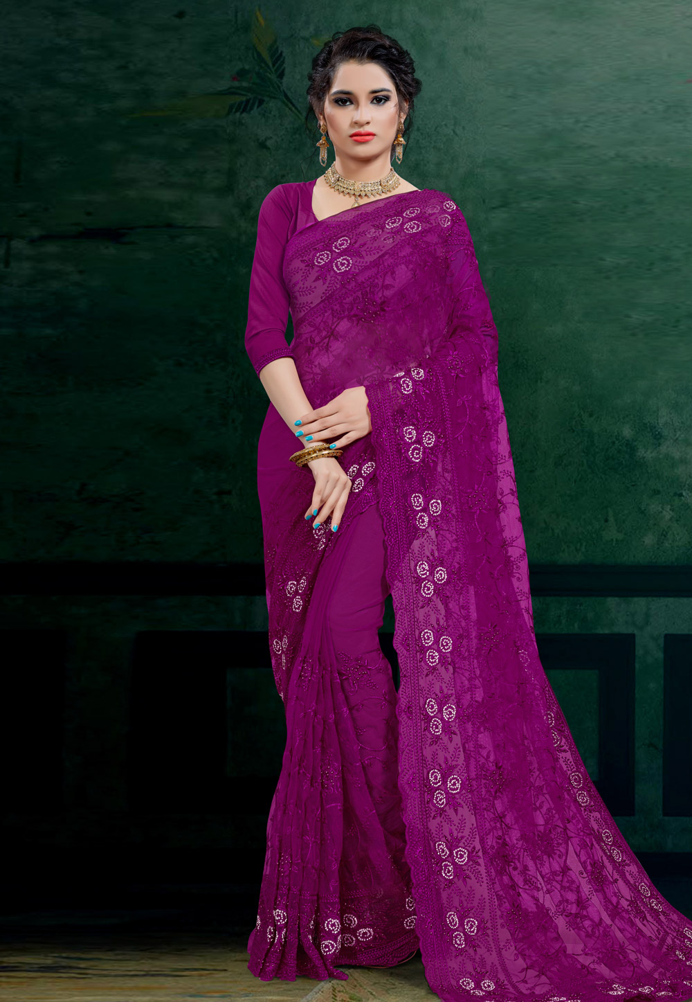 Magenta Net Festival Wear Saree 206104