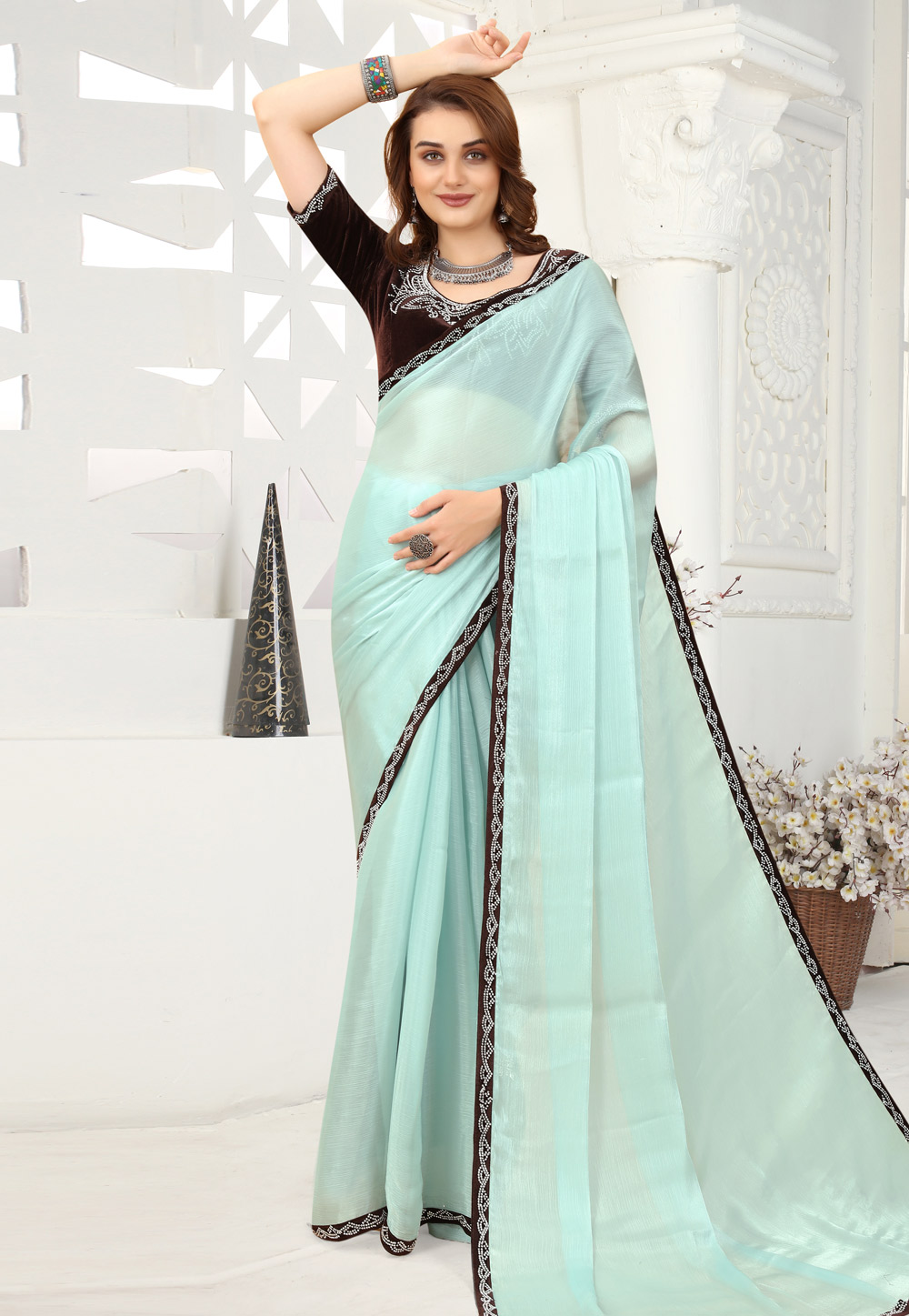 Sky Blue Organza Saree With Blouse 249046