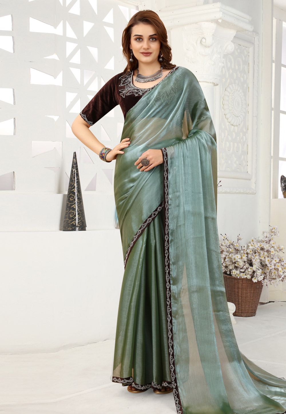 Sea Green Organza Saree With Blouse 249048