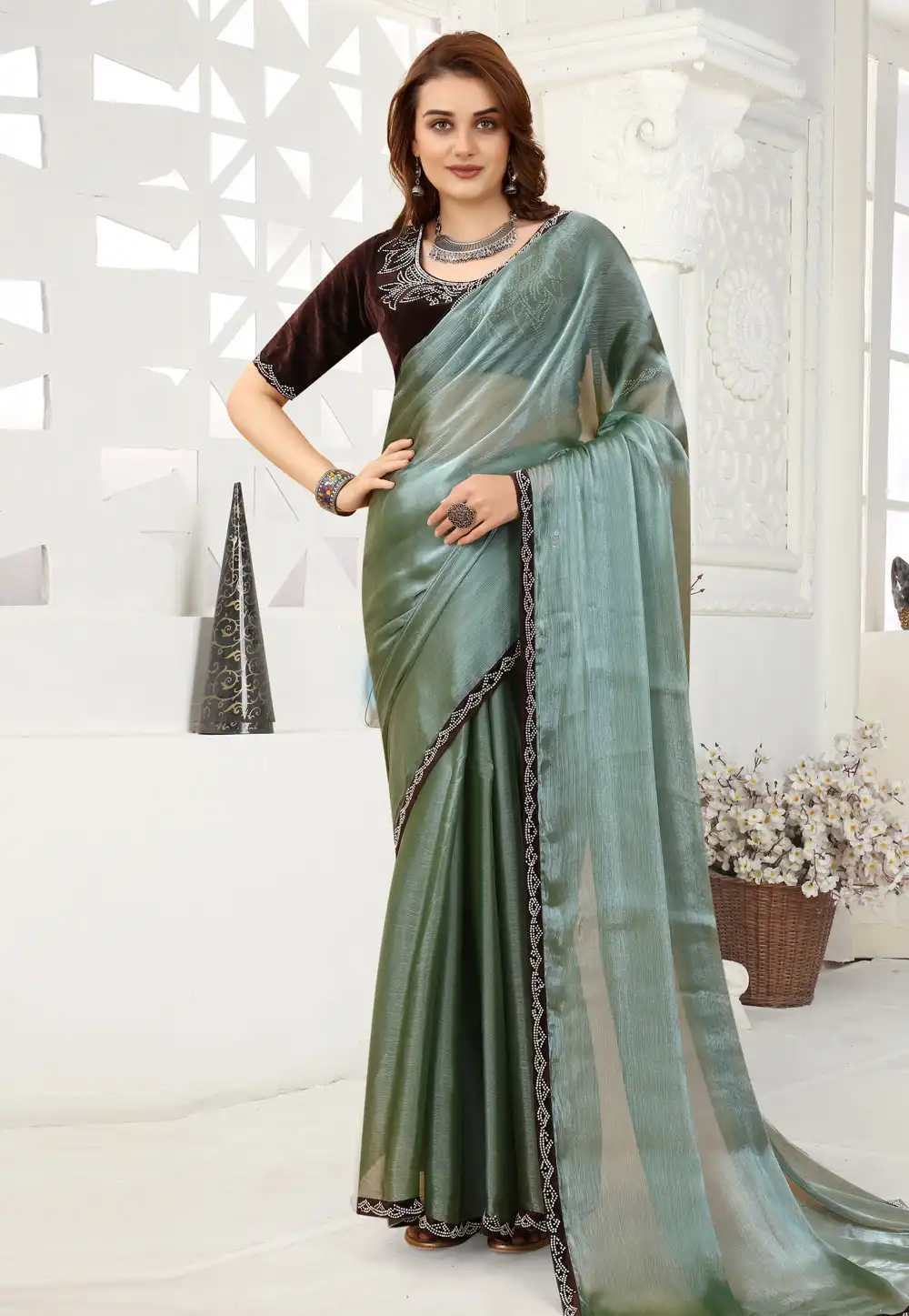 Sea Green Organza Saree With Blouse 249048