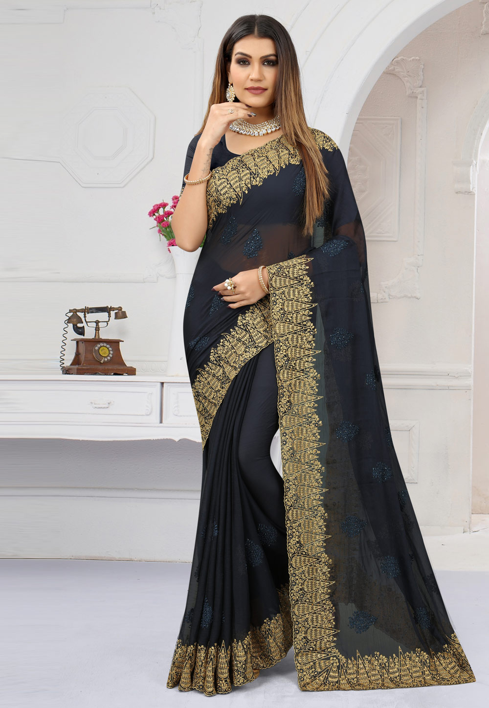 Navy Blue Chiffon Saree With Blouse 249534