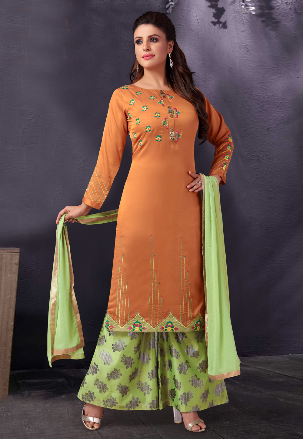 Orange Silk Readymade Palazzo Suit 169854