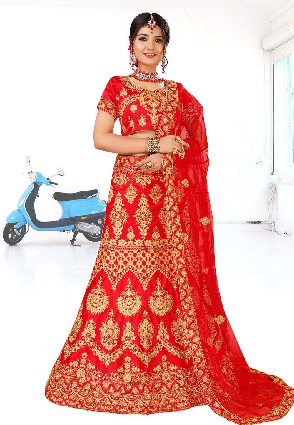 Red Silk Embroidered Bridal Lehenga Choli 169874
