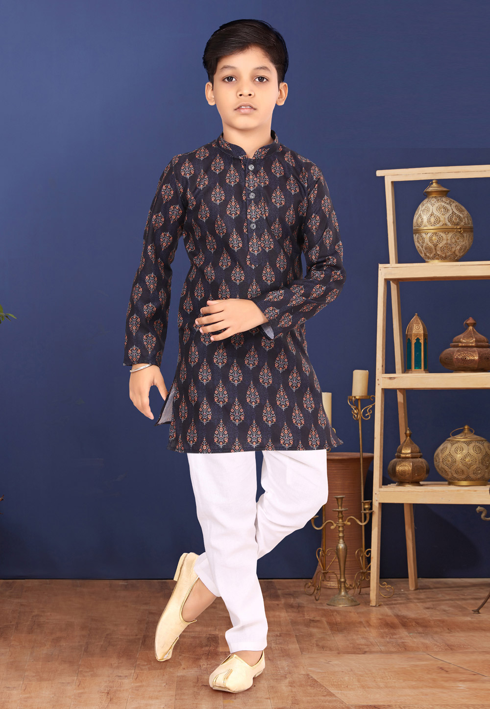 Navy Blue Cotton Kids Kurta Pajama 271940