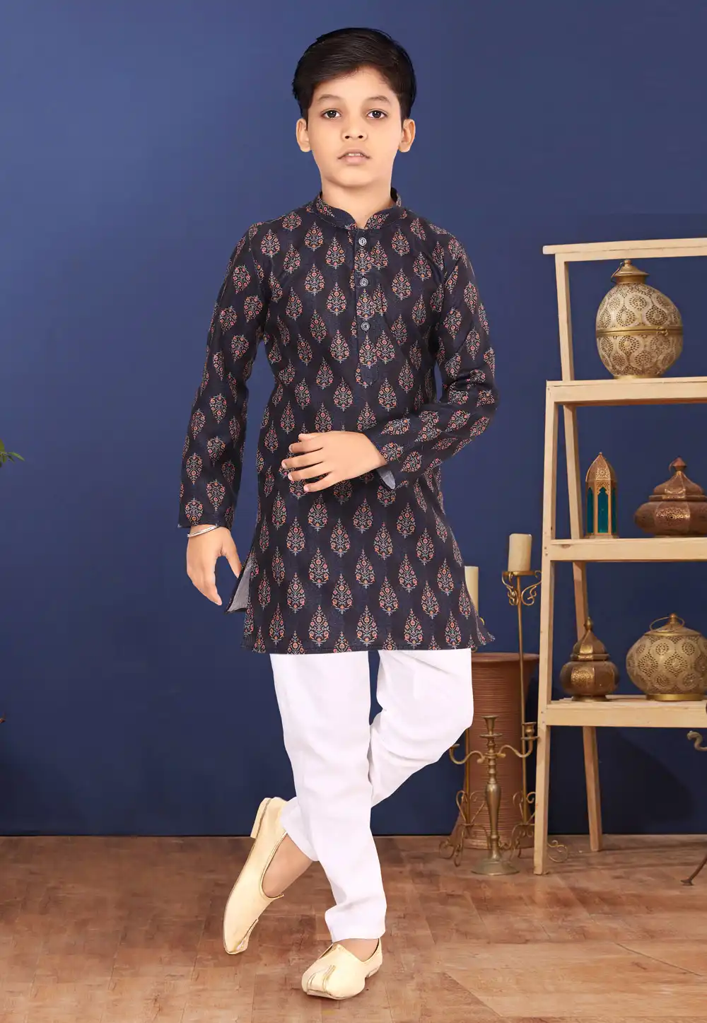 Navy Blue Cotton Kids Kurta Pajama 271940