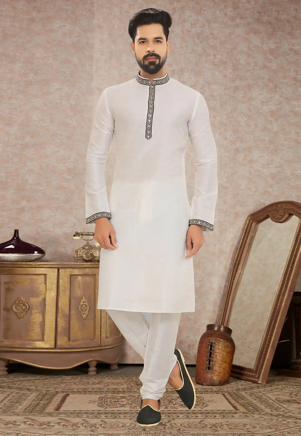 White Dupion Silk Kurta Pajama 245217
