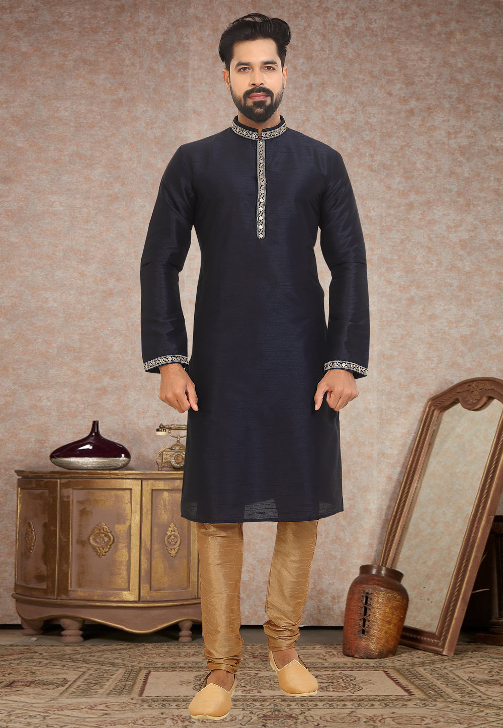 Navy Blue Dupion Silk Kurta Pajama 245218
