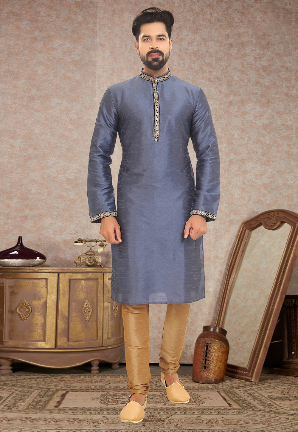 Grey Dupion Silk Kurta Pajama 245219