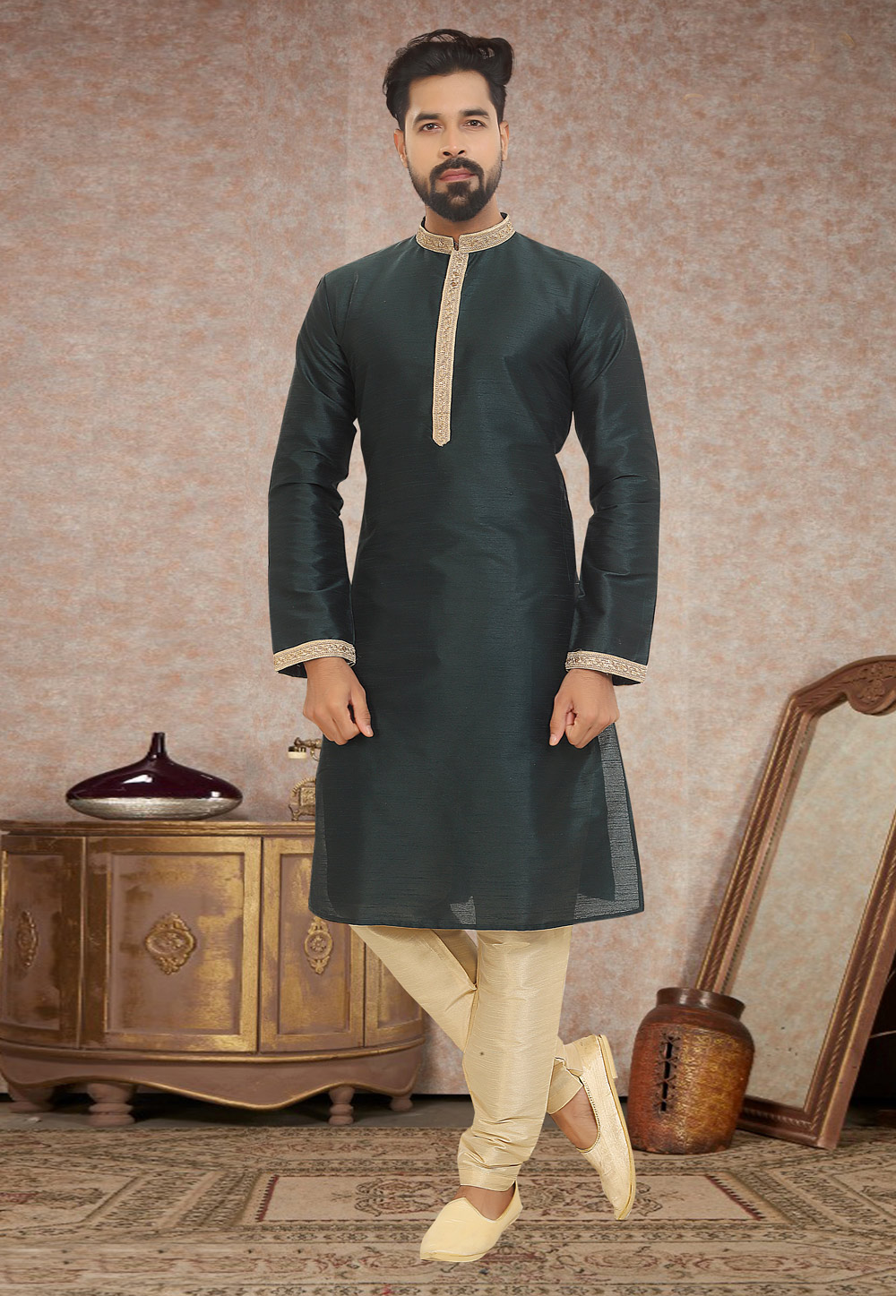 Green Dupion Silk Kurta Pajama 245220