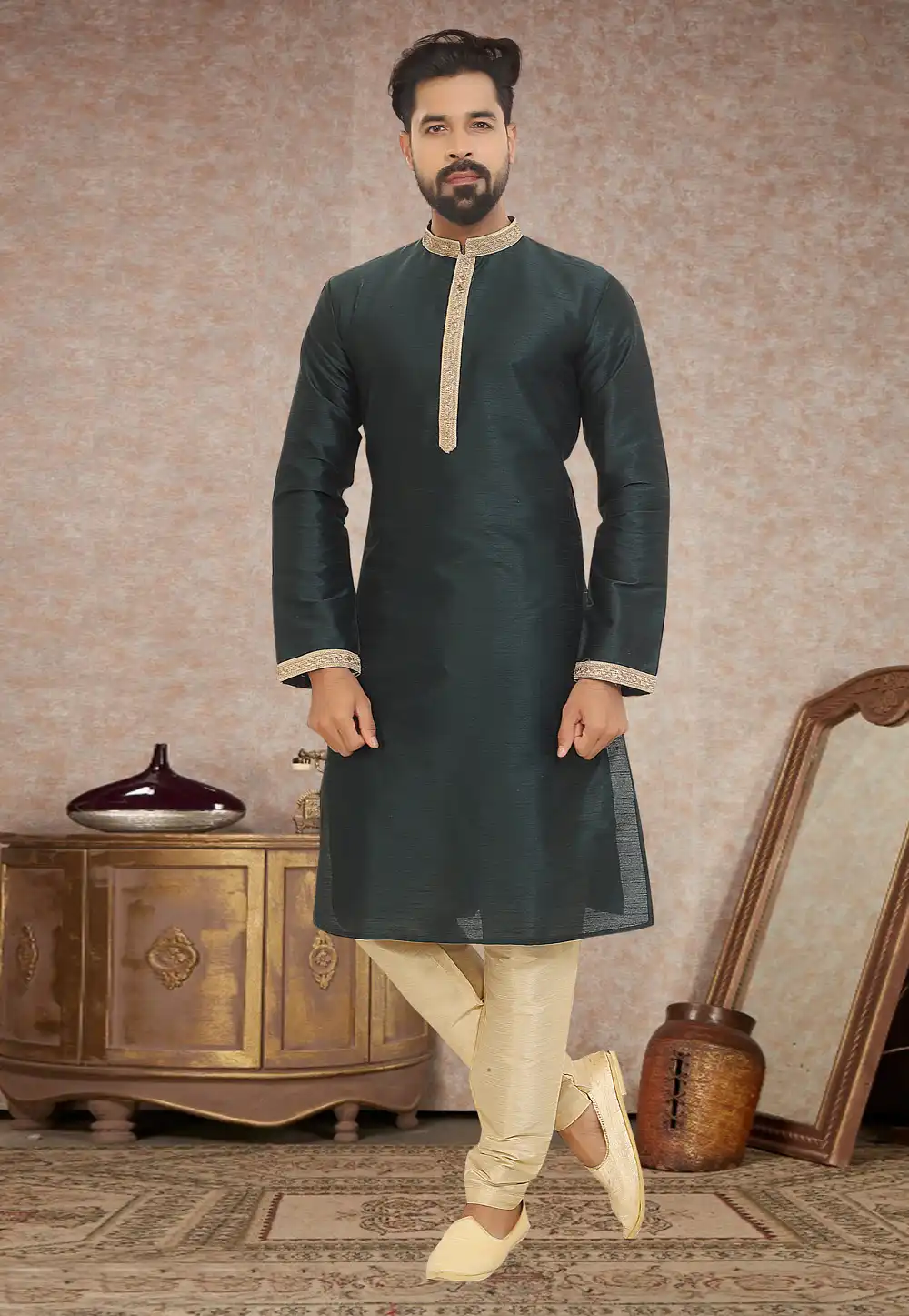 Green Dupion Silk Kurta Pajama 245220