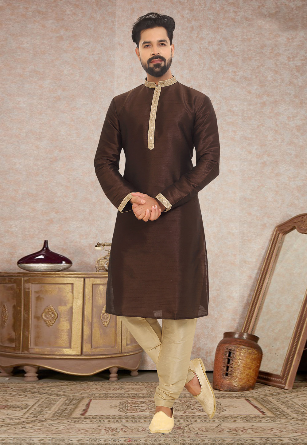 Brown Dupion Silk Kurta Pajama 245221