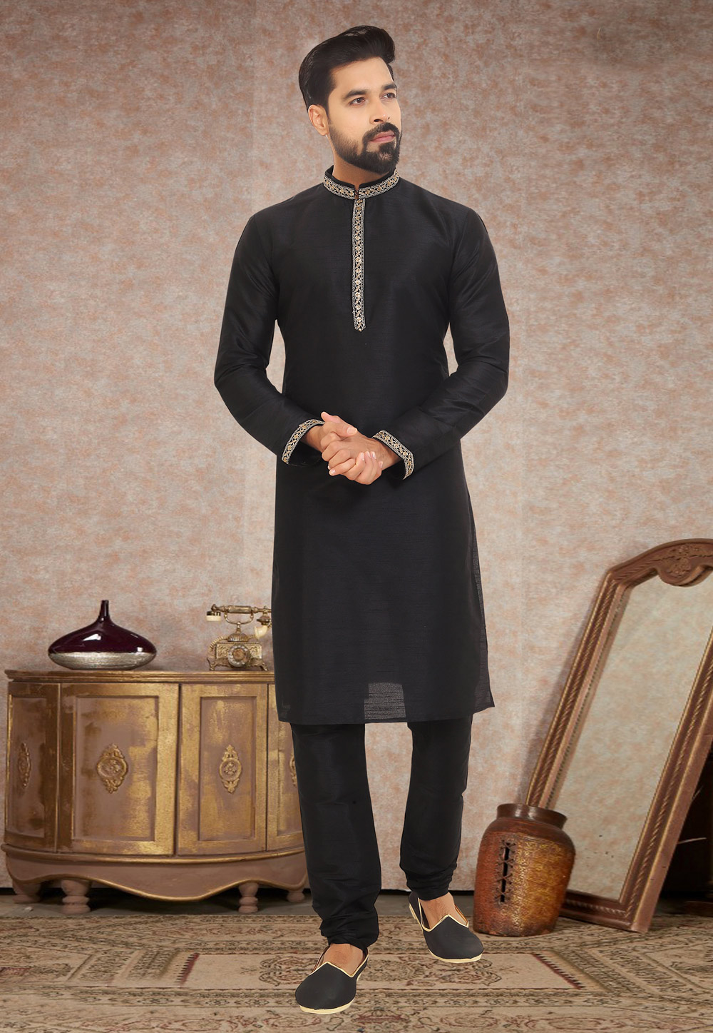 Black Dupion Silk Kurta Pajama 245222