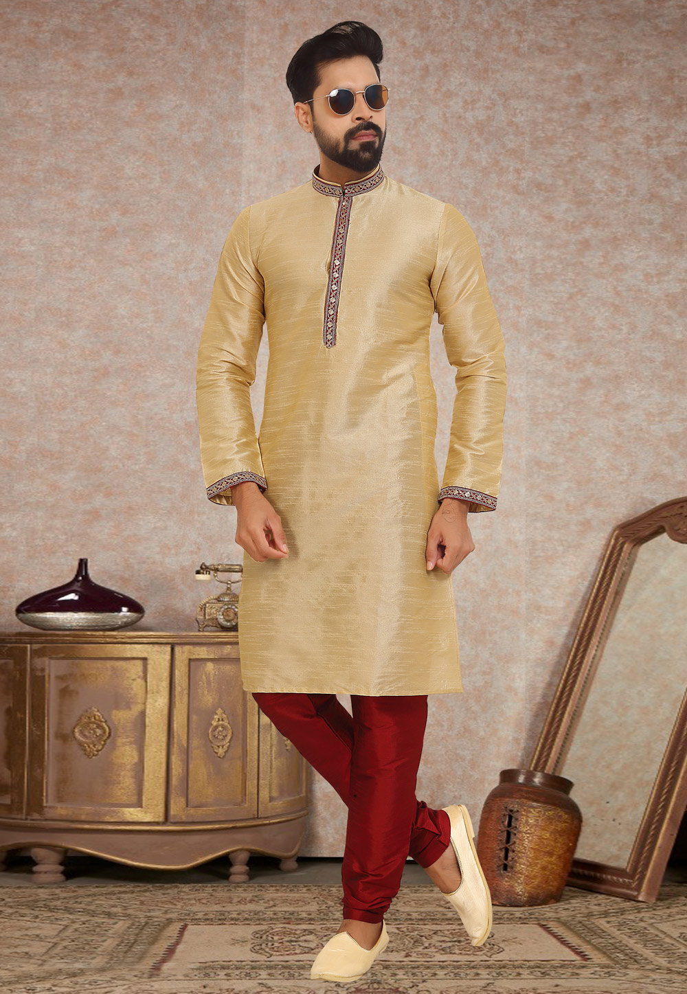 Golden Dupion Silk Kurta Pajama 245223