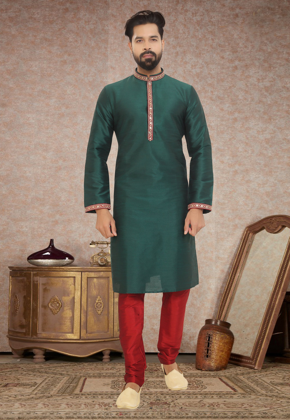Green Dupion Silk Kurta Pajama 245224
