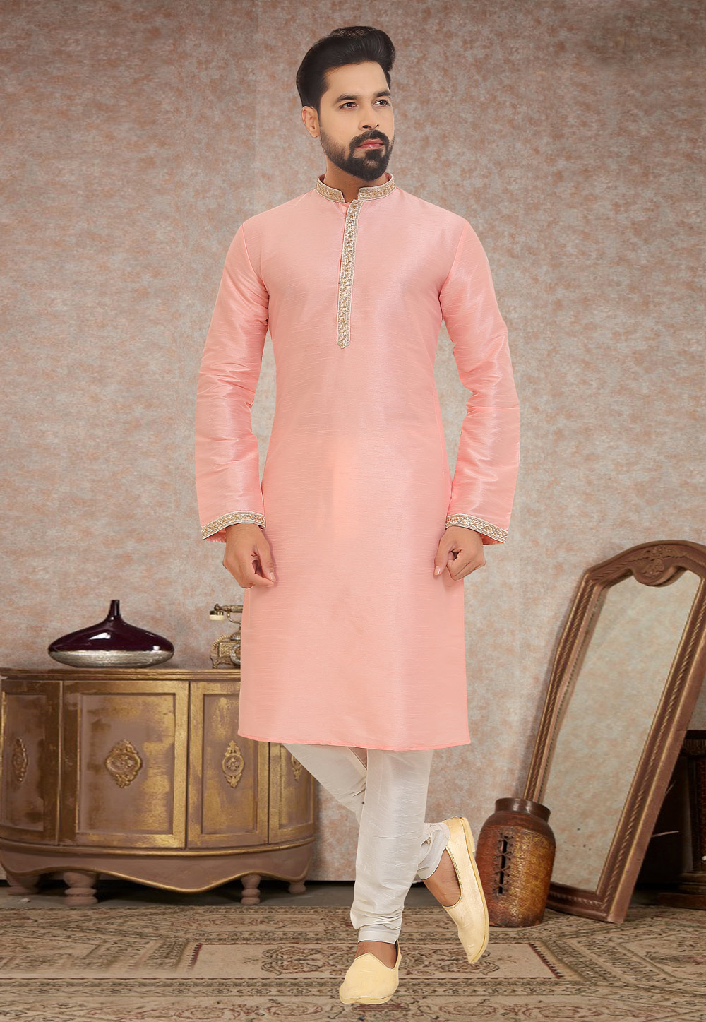Peach Dupion Silk Kurta Pajama 245225