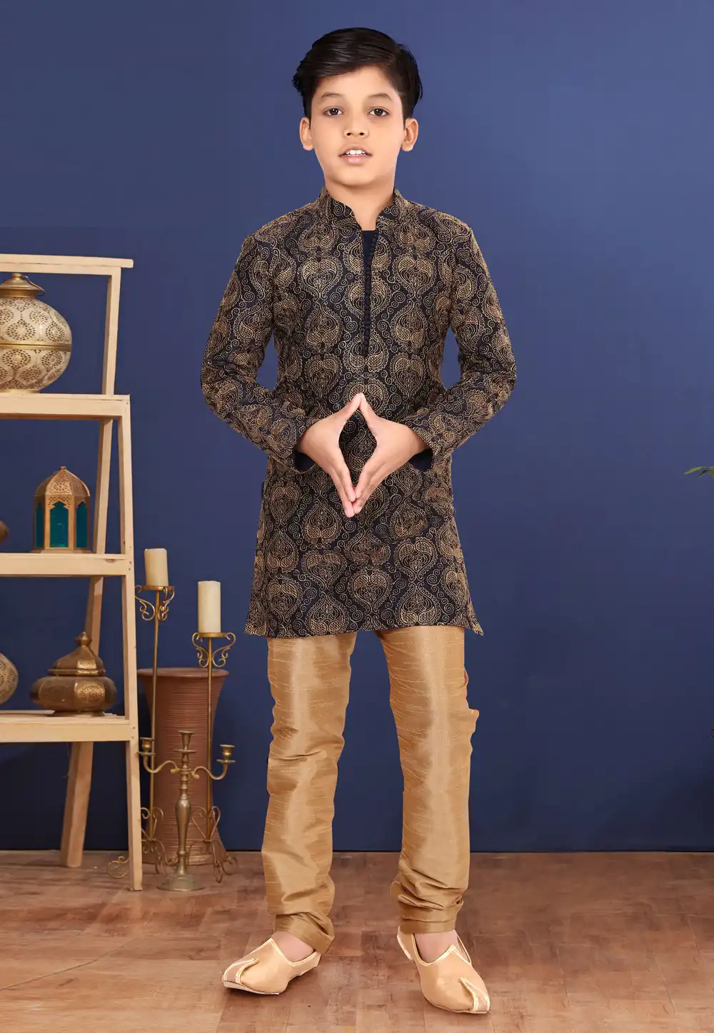 Black Dupion Silk Kids Kurta Pajama 271941