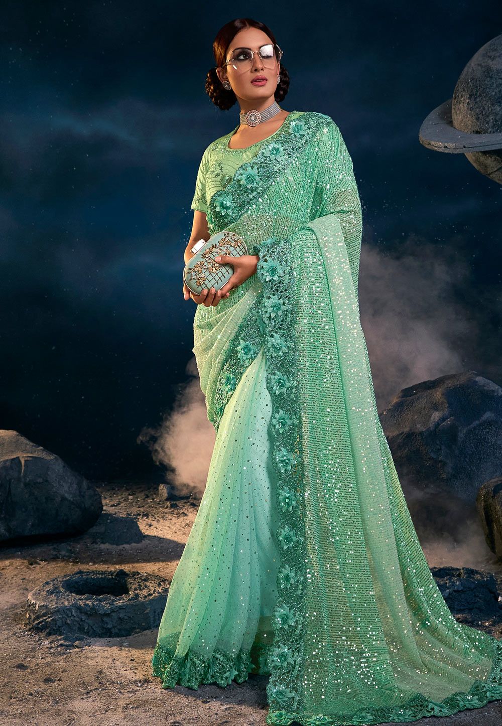 Sea Green Net Saree With Blouse 250757