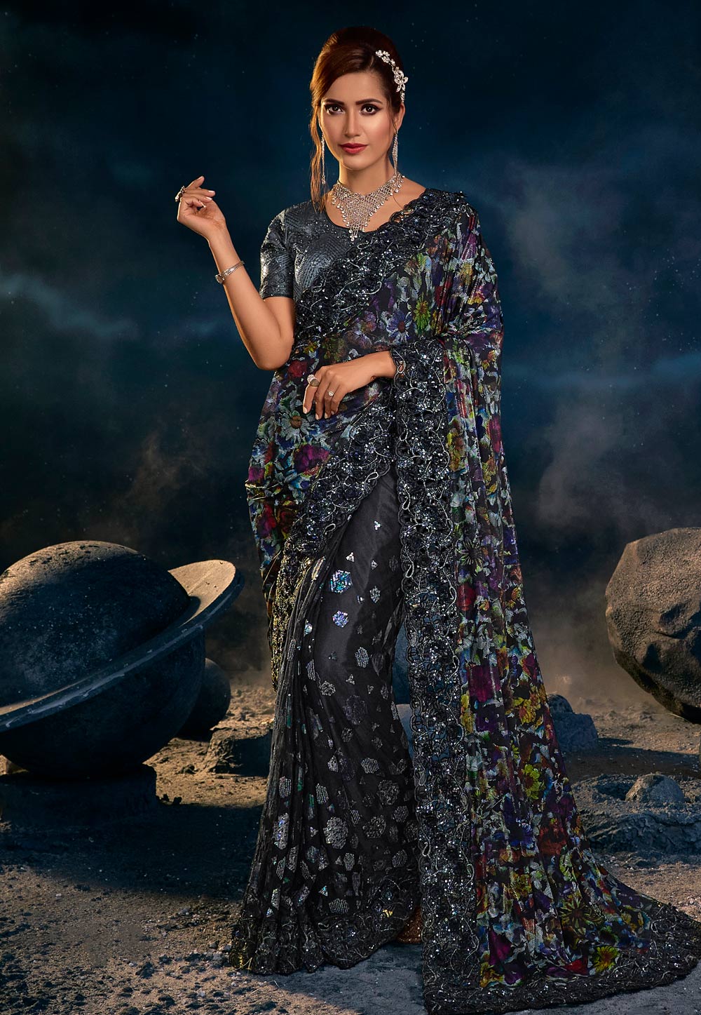 Black Net Saree With Blouse 250763