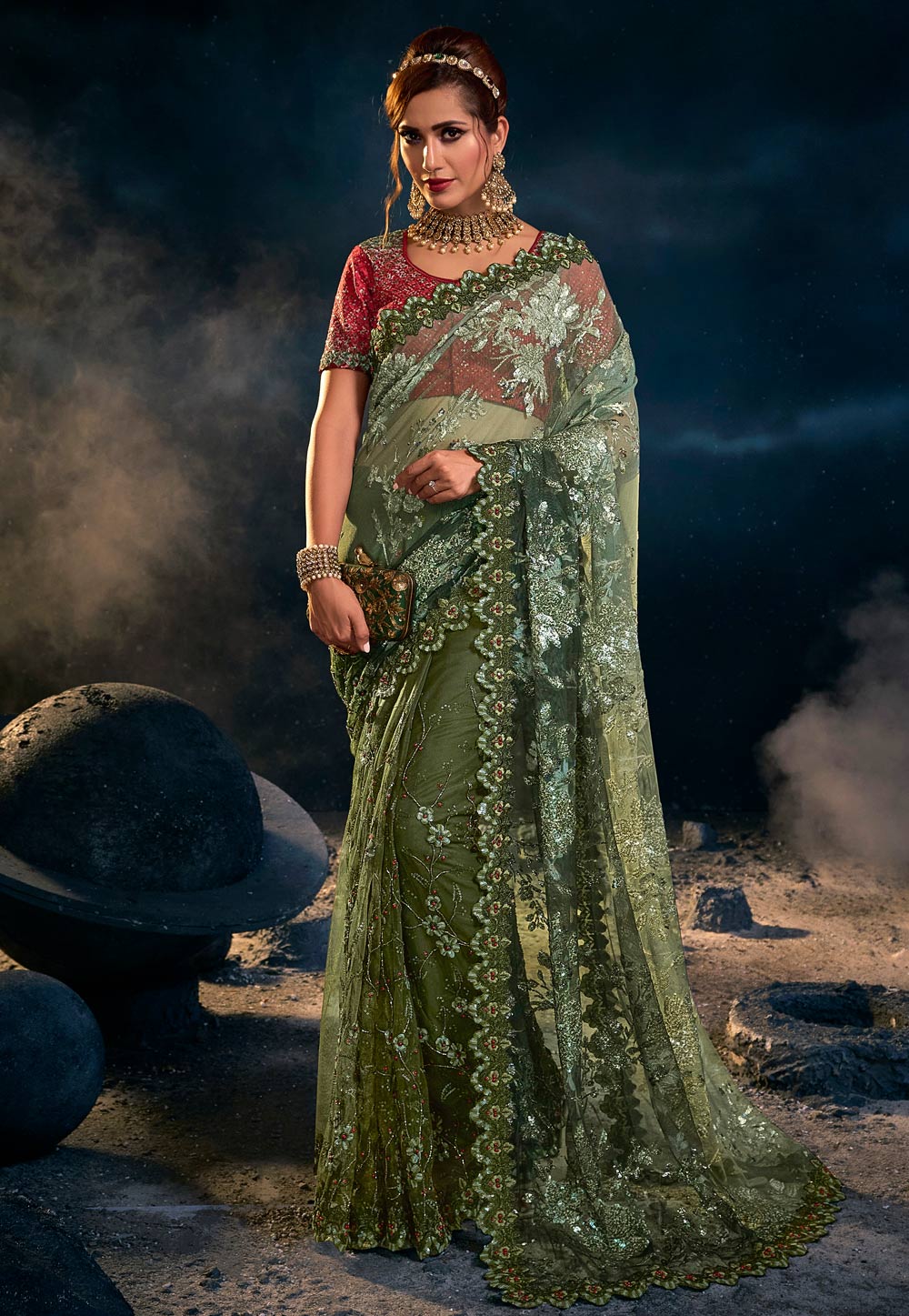 Mehndi Net Saree With Blouse 250766