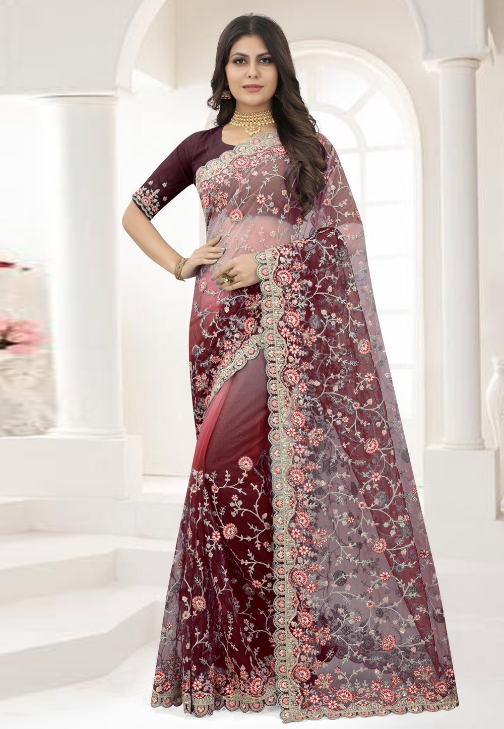 Wine saree with drape with small pocket attached with belt main image 1