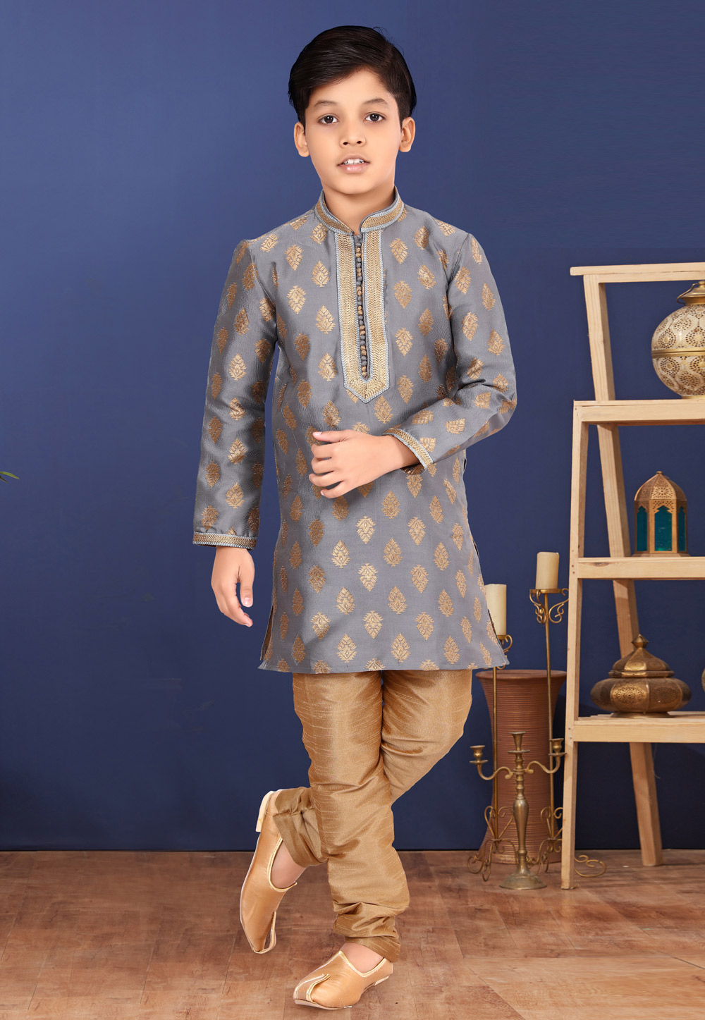 Grey Jacquard Silk Kids Kurta Pajama 271943