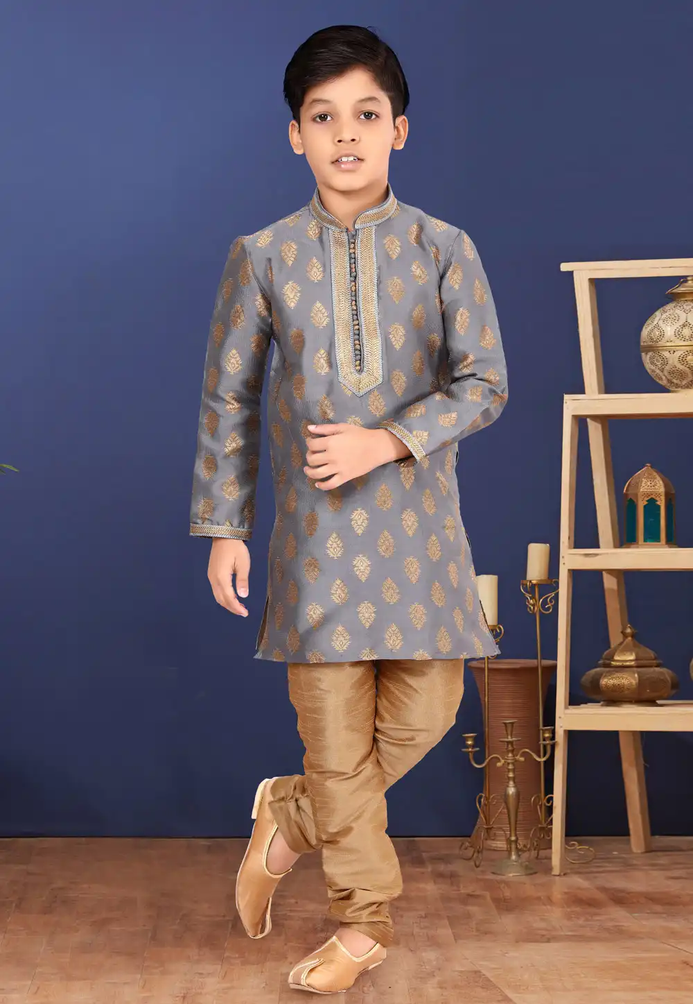 Grey Jacquard Silk Kids Kurta Pajama 271943