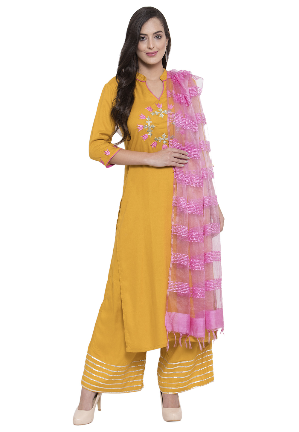 Yellow Rayon Readymade Kameez With Palazzo 195009