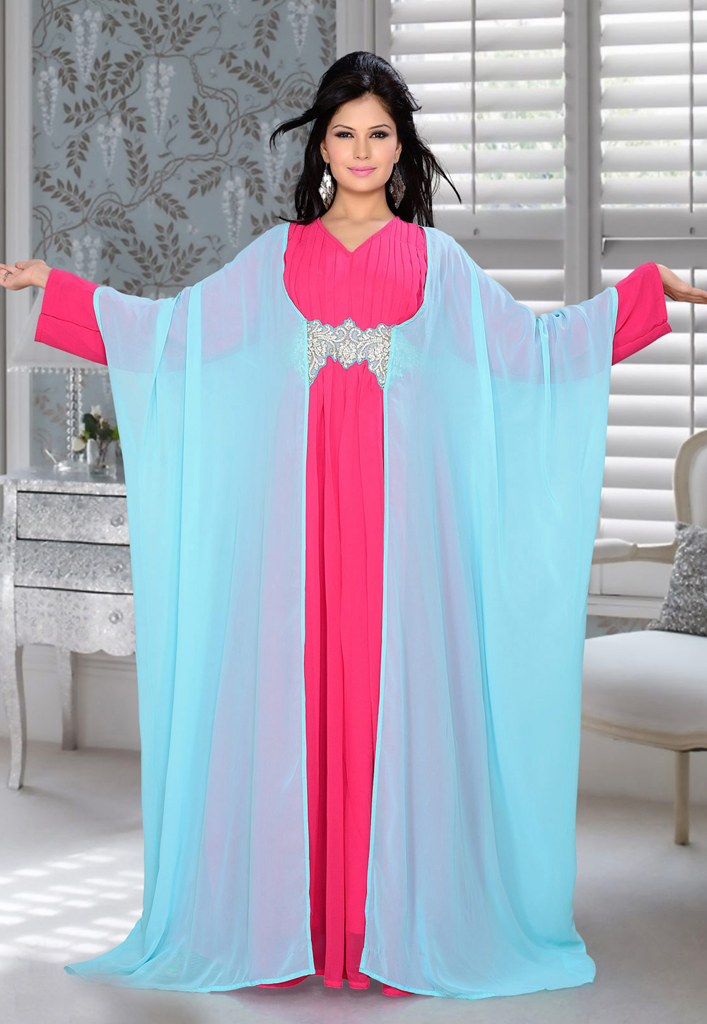 Pink Faux Georgette Embroidered Readymade Farasha 194561