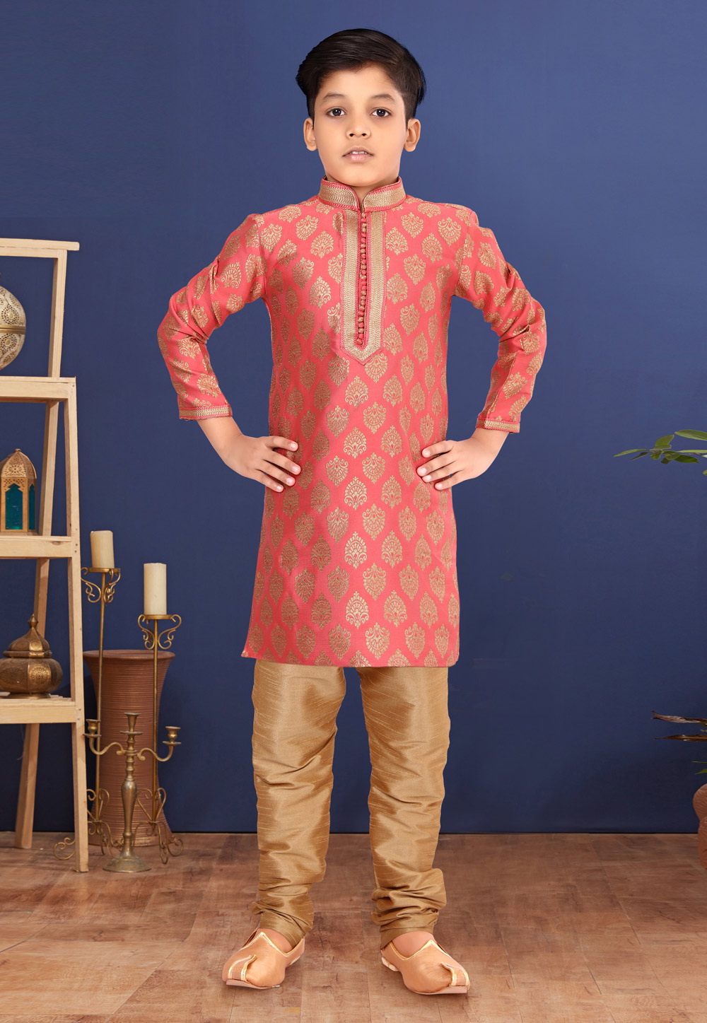 Pink Jacquard Silk Kids Kurta Pajama 271945