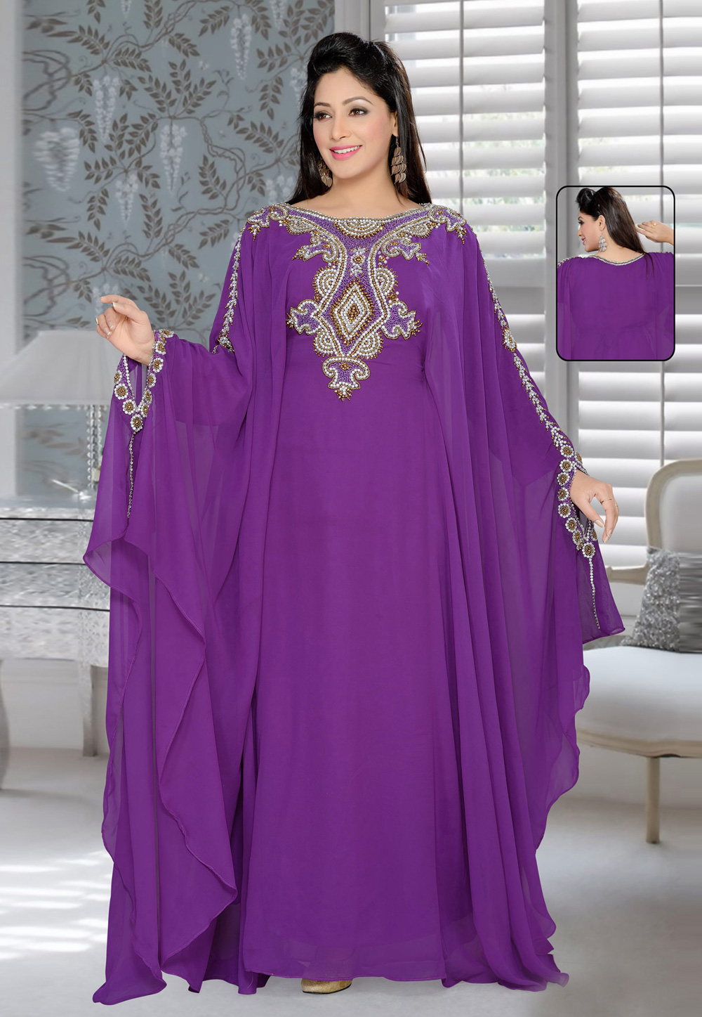 Purple Faux Georgette Embroidered Readymade Farasha 194365
