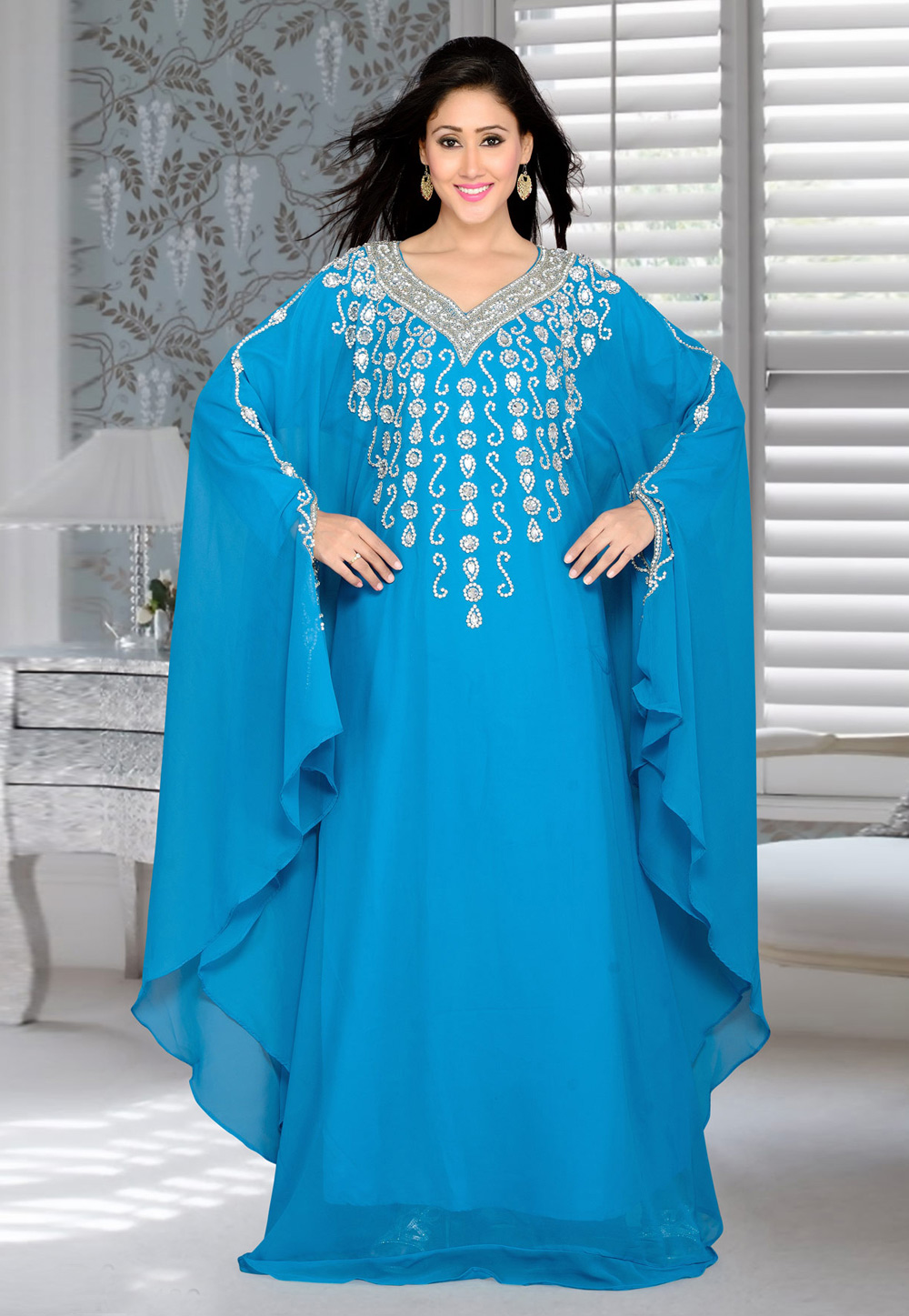 Blue Faux Georgette Embroidered Readymade Farasha 194394