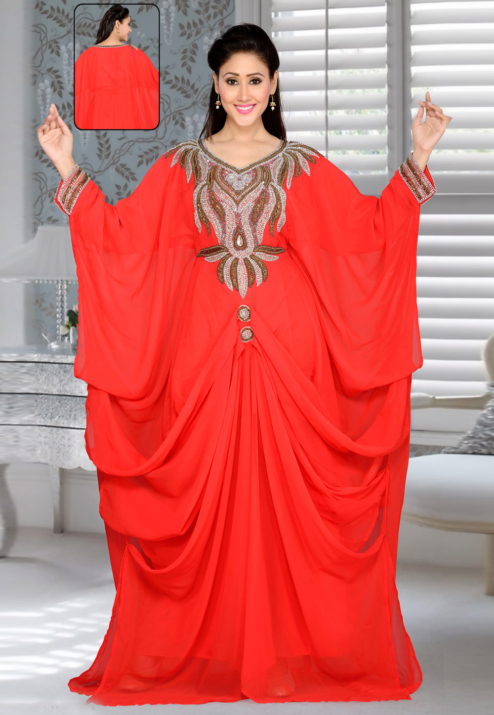 Red Faux Georgette Embroidered Readymade Farasha 194402
