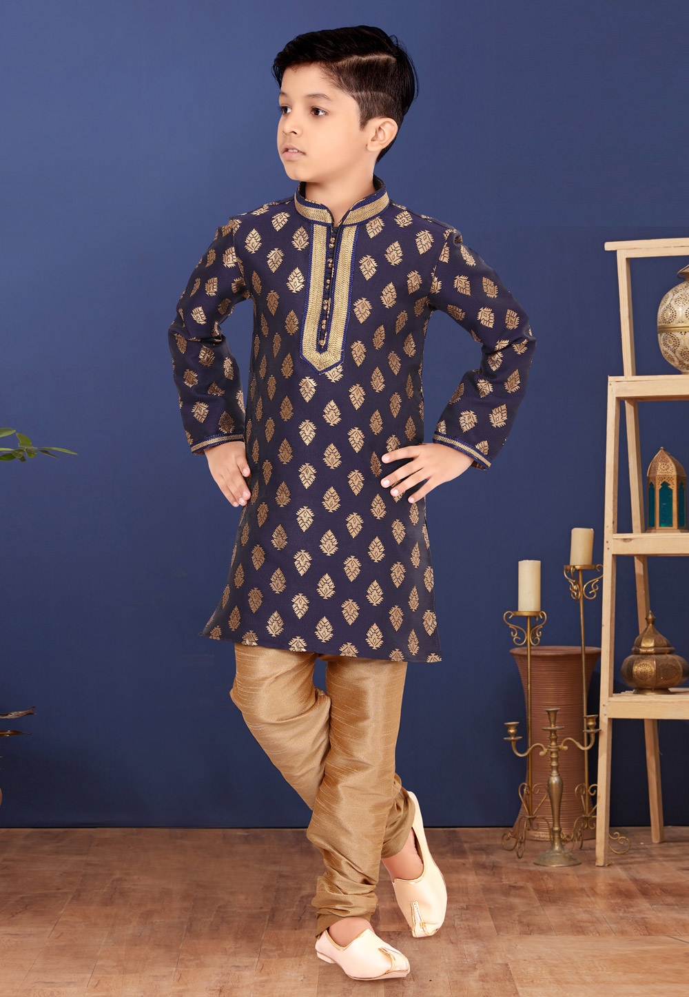Navy Blue Jacquard Silk Kids Kurta Pajama 271946