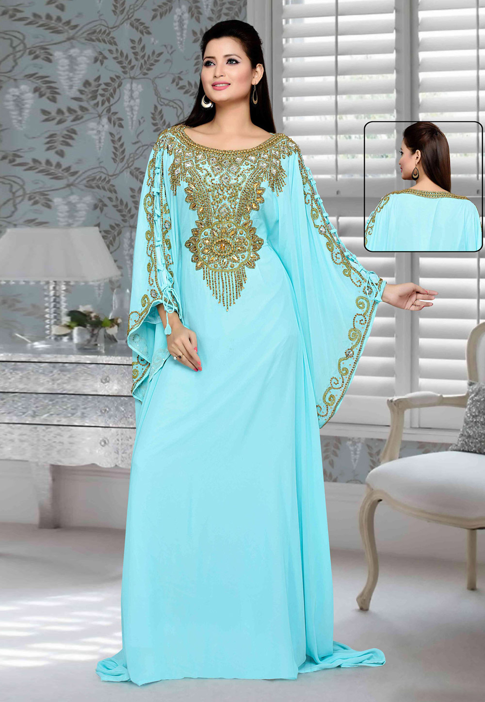 Sky Blue Faux Georgette Embroidered Readymade Farasha 194735