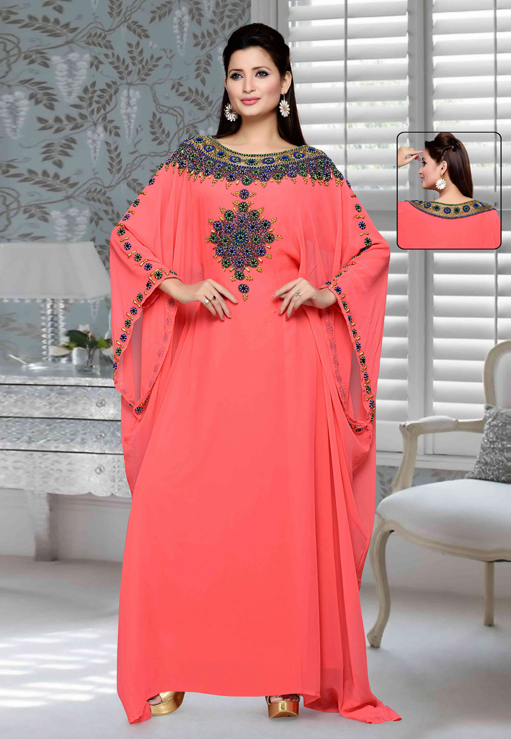 Coral Pink Faux Georgette Embroidered Readymade Farasha 194750