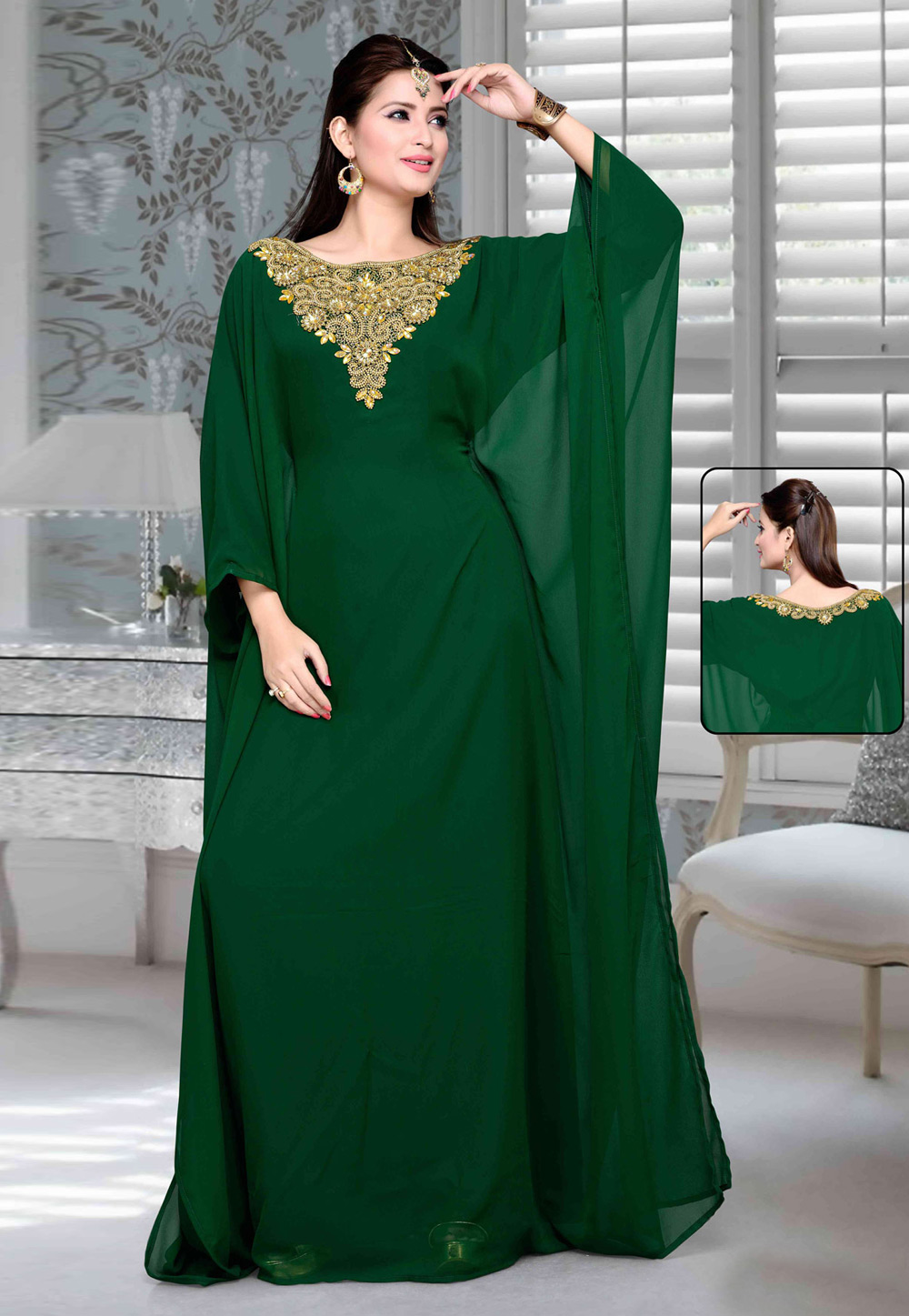 Green Faux Georgette Embroidered Readymade Farasha 194762