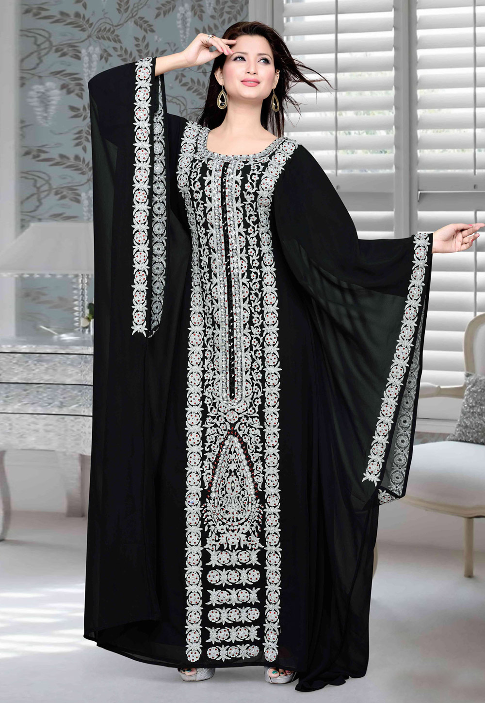 Black Faux Georgette Embroidered Readymade Farasha 194765