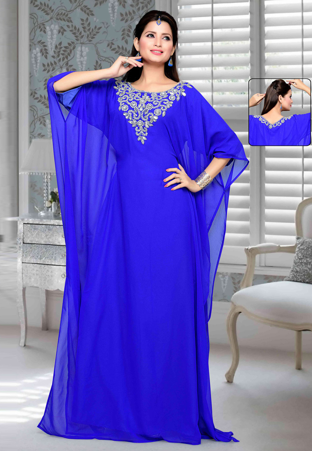Blue Faux Georgette Embroidered Readymade Farasha 194770