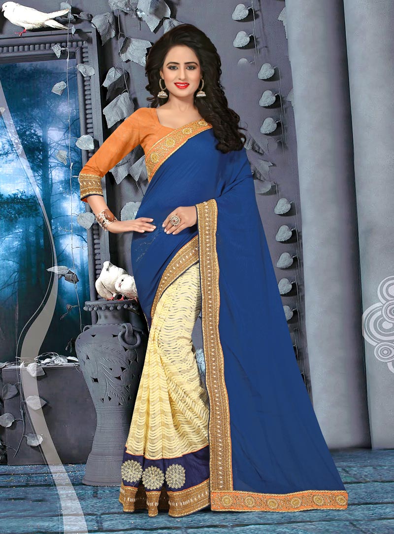 Navy Blue Georgette Half N Half Saree 85060