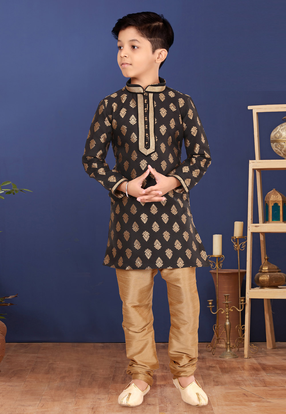 Black Jacquard Silk Kids Kurta Pajama 271948