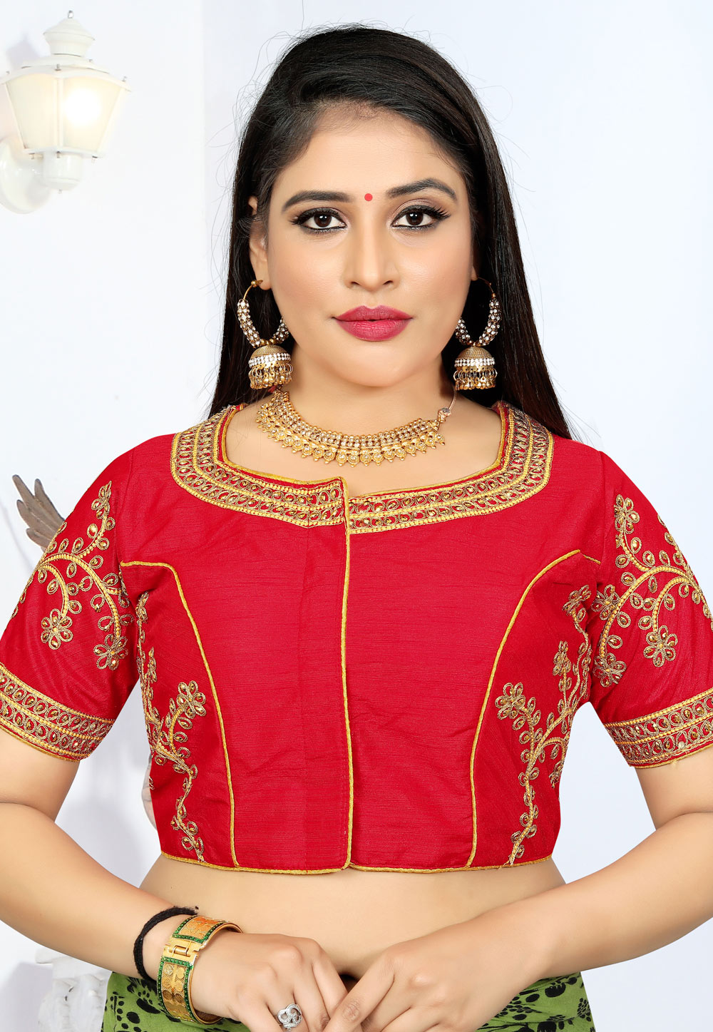Red Silk Embroidered Readymade Blouse 185018