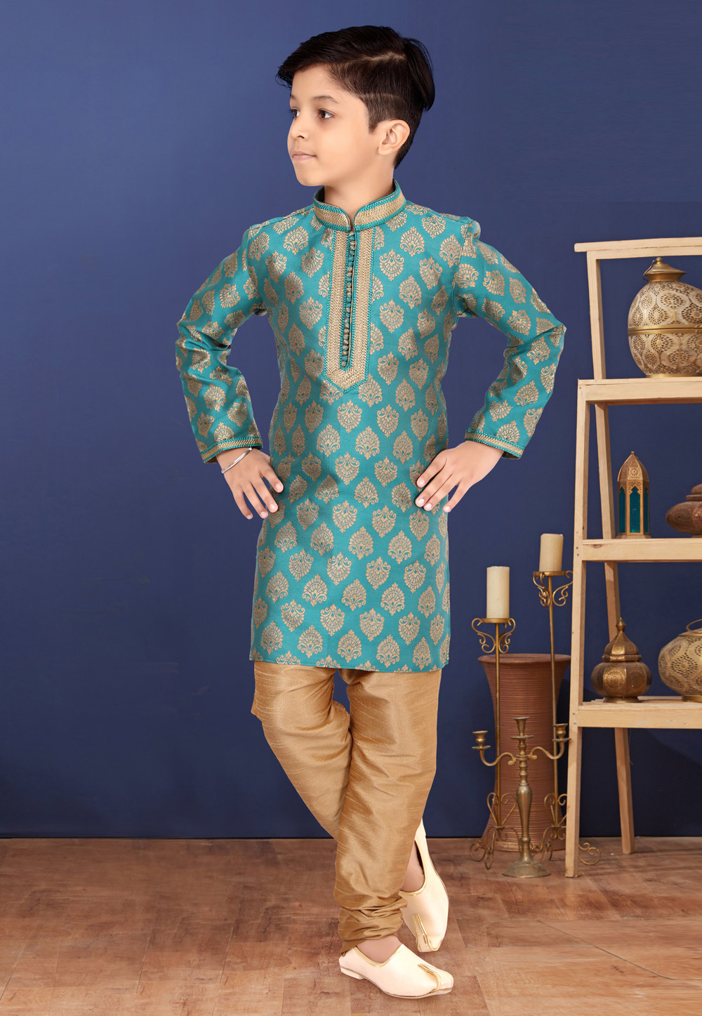 Sky Blue Jacquard Silk Kids Kurta Pajama 271950