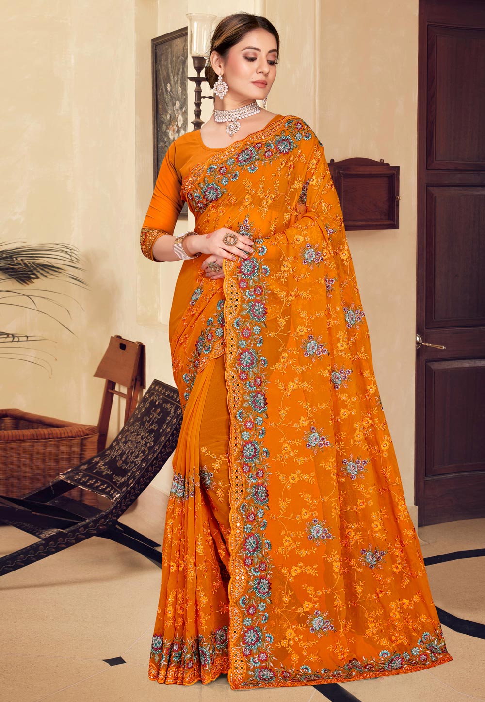 Orange Georgette Saree With Blouse 250223