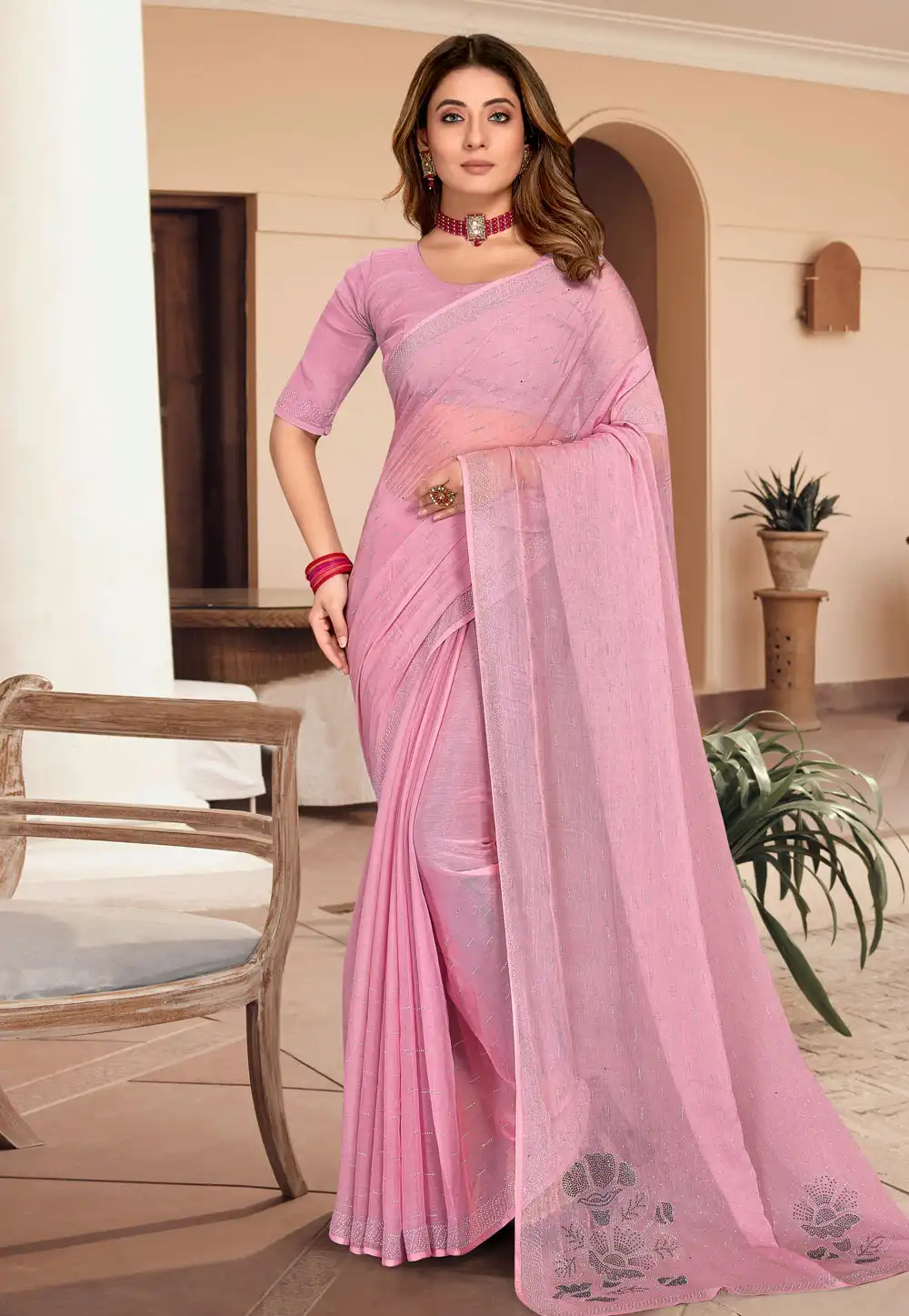 Pink Shimmer Chiffon Saree With Blouse 250312