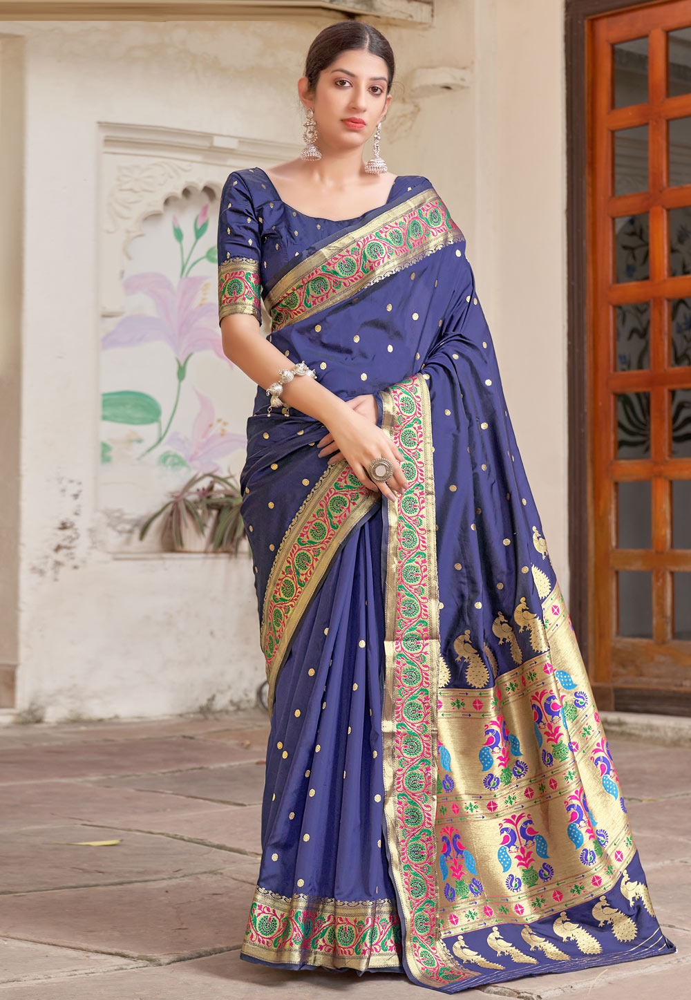 Navy Blue Silk Paithani Saree With Blouse 236276