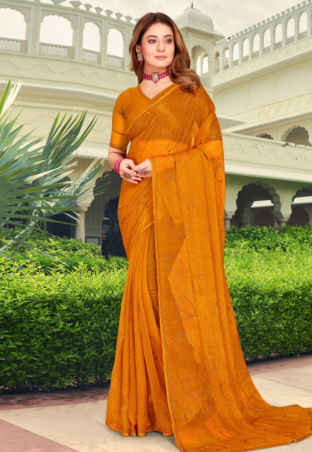 Mustard Shimmer Chiffon Saree With Blouse 250321