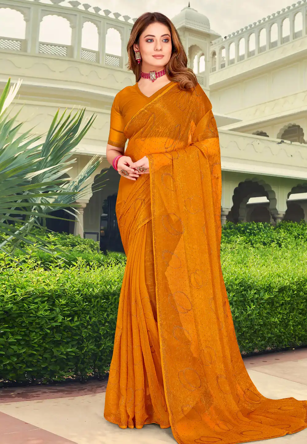 Mustard Shimmer Chiffon Saree With Blouse 250321
