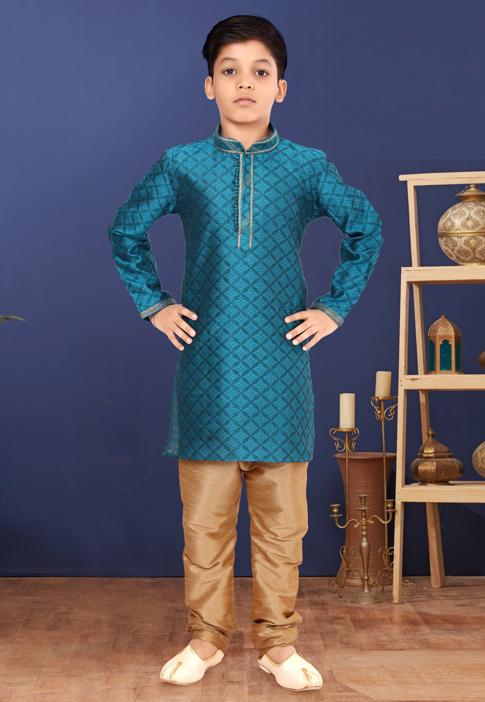 Teal Dupion Kids Kurta Pajama 271952